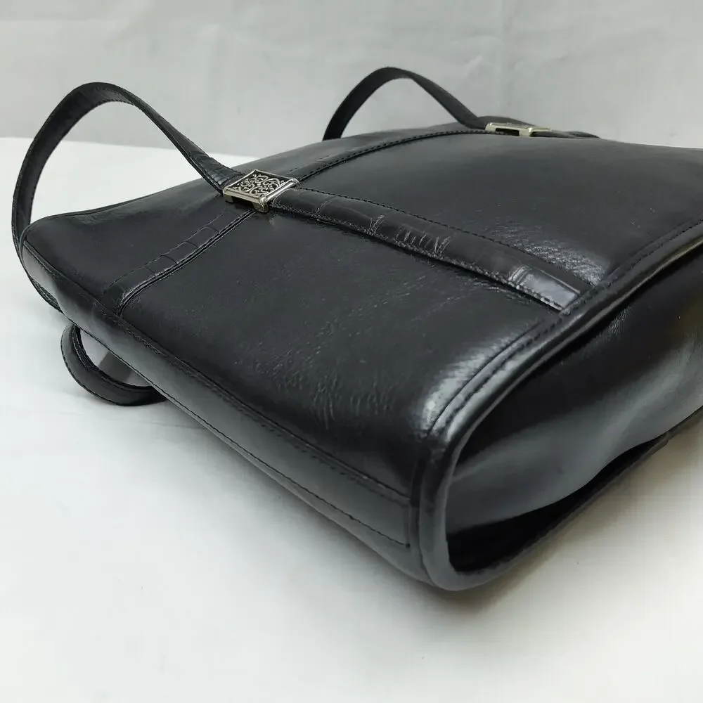 Brighton Black Leather Double Handle Zipper Satchel Shoulder Bag